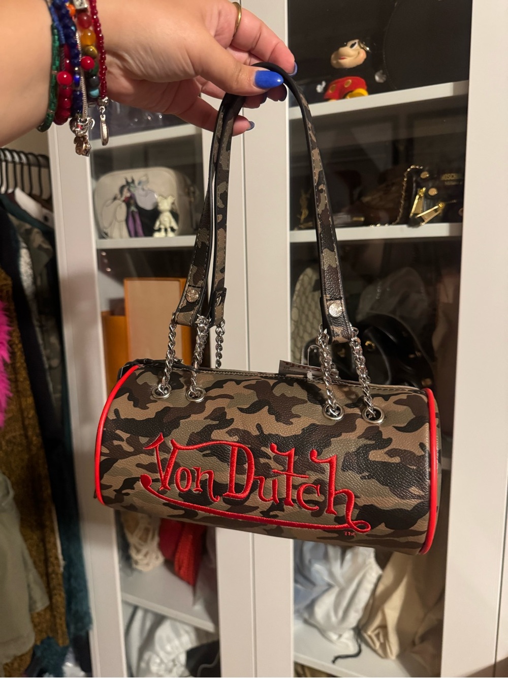 Von Dutch Brown and Green Camo Barrel Bag with Red Trim